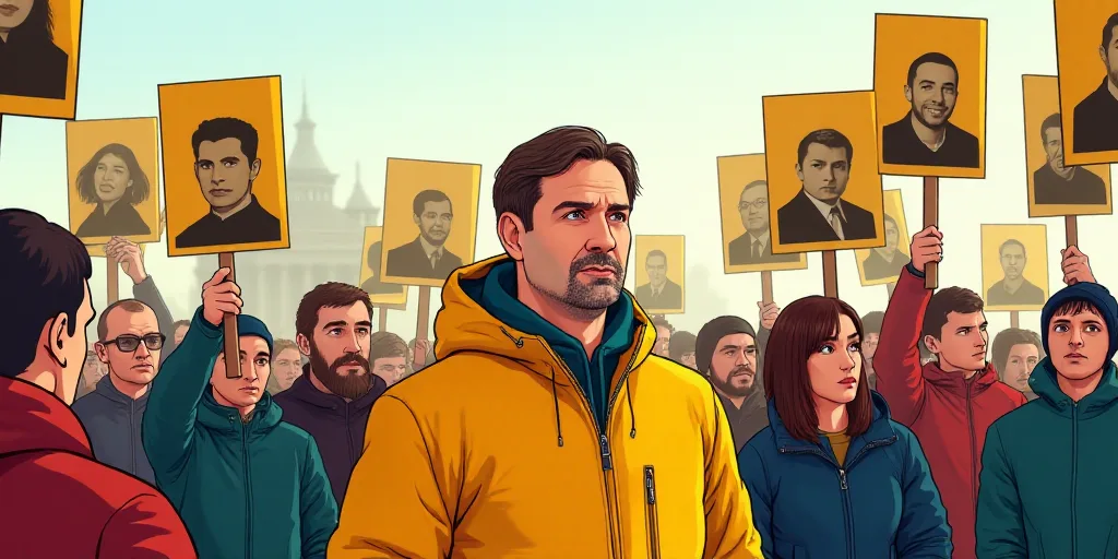 a group of people holding up signs and pictures of people with faces on them and a man in a yellow j