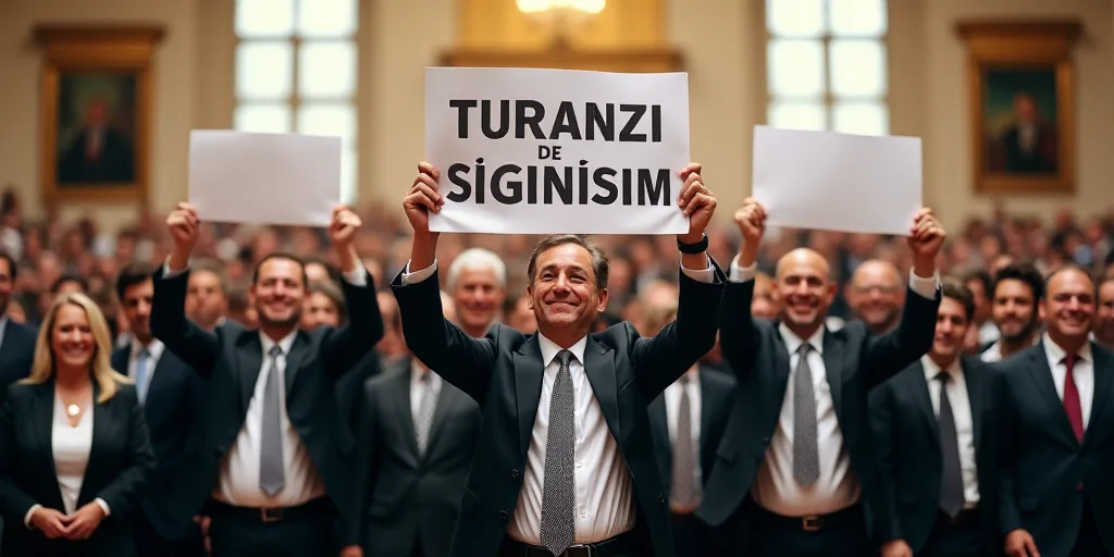 a group of people holding up signs in front of a crowd of people in suits and ties, all smiling, Car
