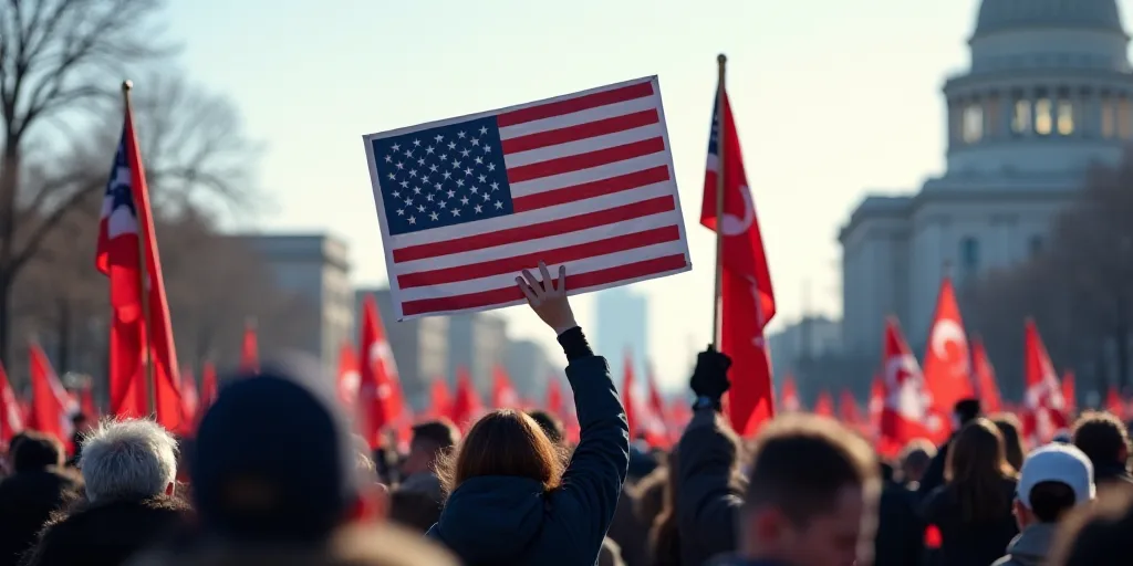 a group of people holding up signs and flags in the air in a protest for the president of the united