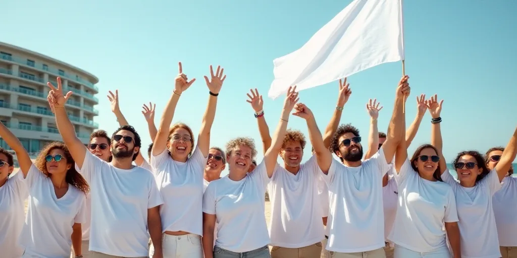 a group of people holding up white shirts and flags on a beach with a building in the background and