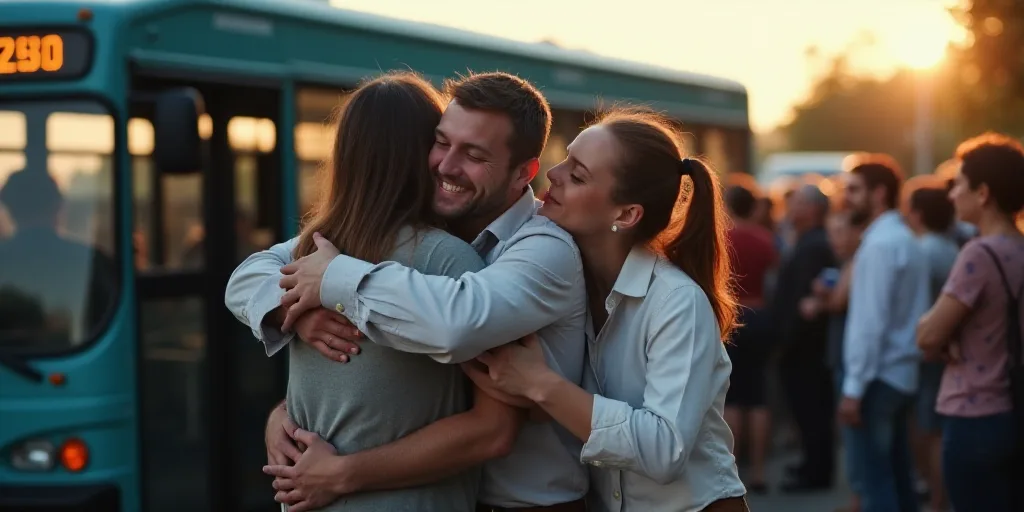 a group of people hugging each other in front of a bus and a crowd of people in the background, Bál
