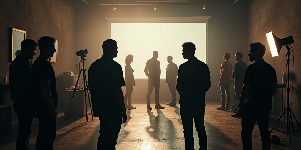 a group of people in a studio setting with a camera and a light on a tripod and a photographer, Chri