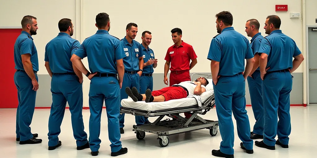 a group of people in blue and red uniforms standing around a person on a gurney on the ground with a