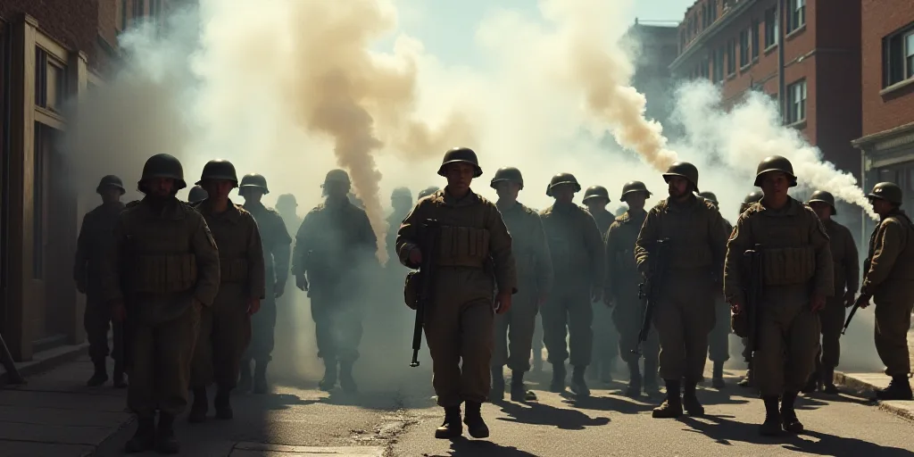 a group of people in military gear standing on a street with smoke coming out of their mouths and ho