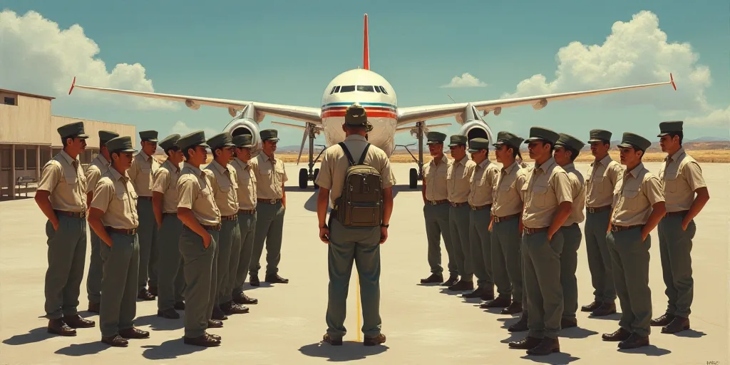 a group of people in uniform standing around a parking lot with a plane in the background and a pers