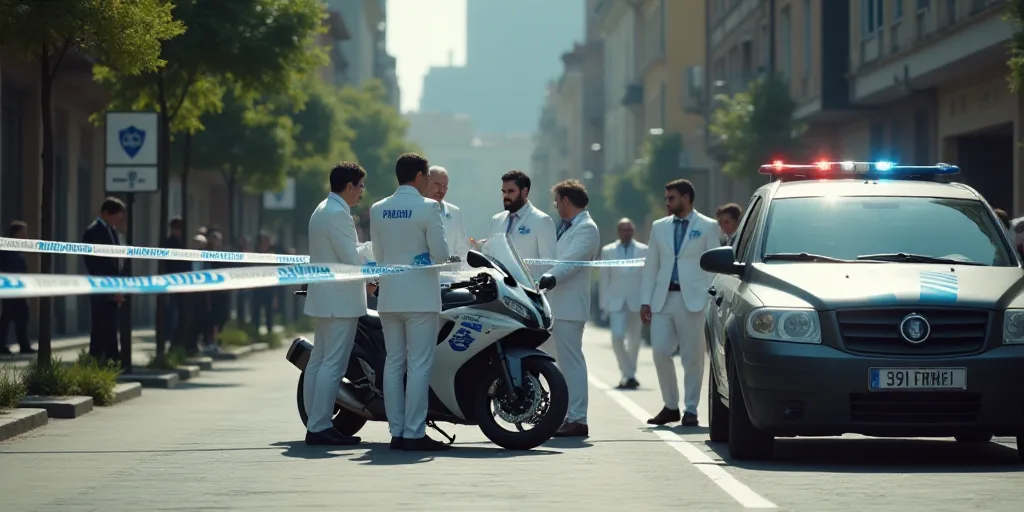 a group of people in white suits standing around a police motorcycle and police tape around them and