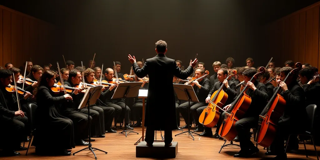 a group of people on a stage with musical instruments and a conductor in front of them and a conduct