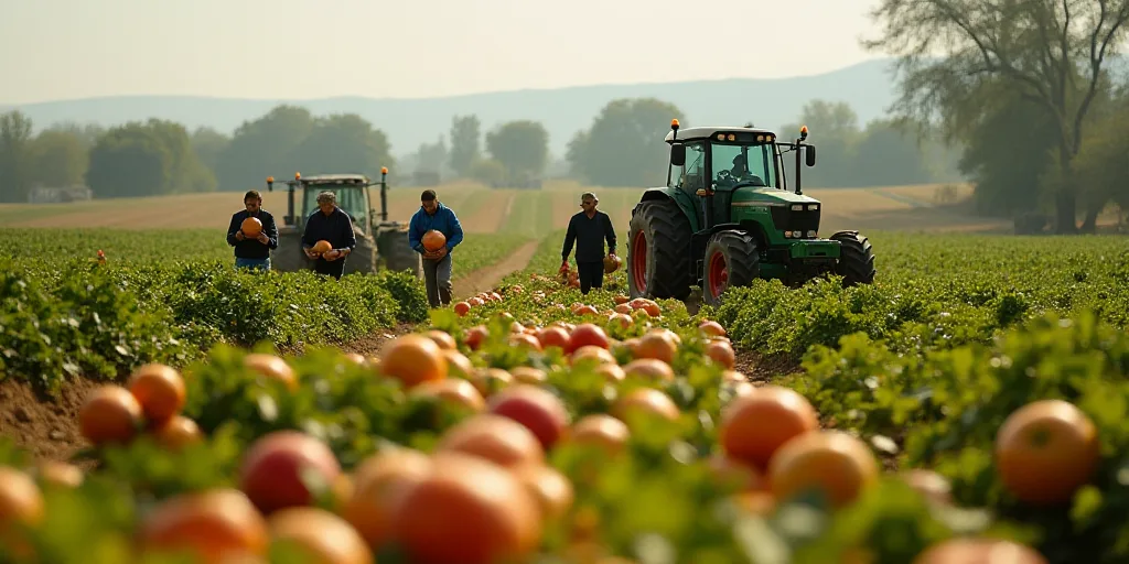 a group of people picking fruit from a field with tractors in the background and a tractor in the fo