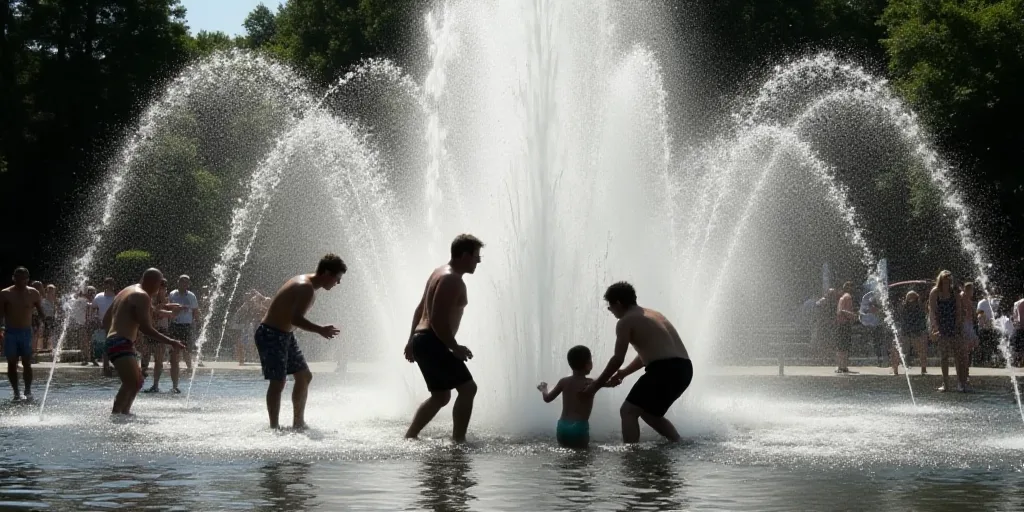 a group of people playing in a fountain with water spraying from it's sides and people standing arou