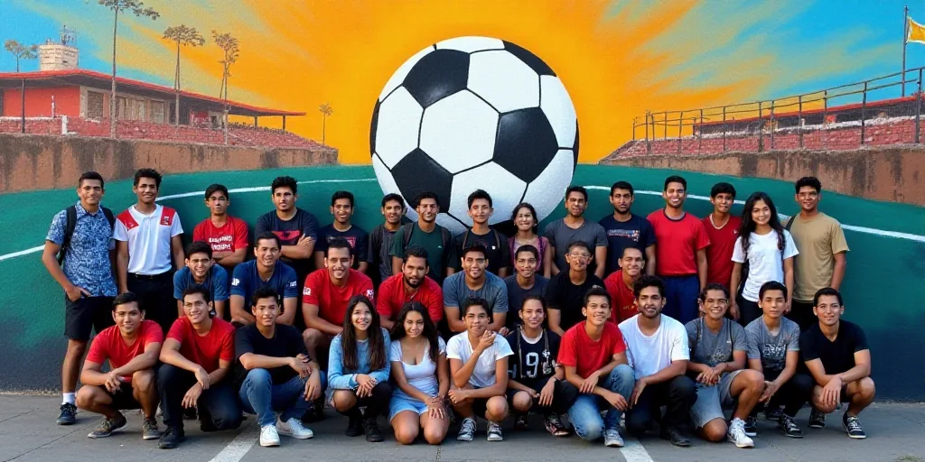 a group of people posing for a picture in front of a mural of a soccer team and a soccer ball, Feder