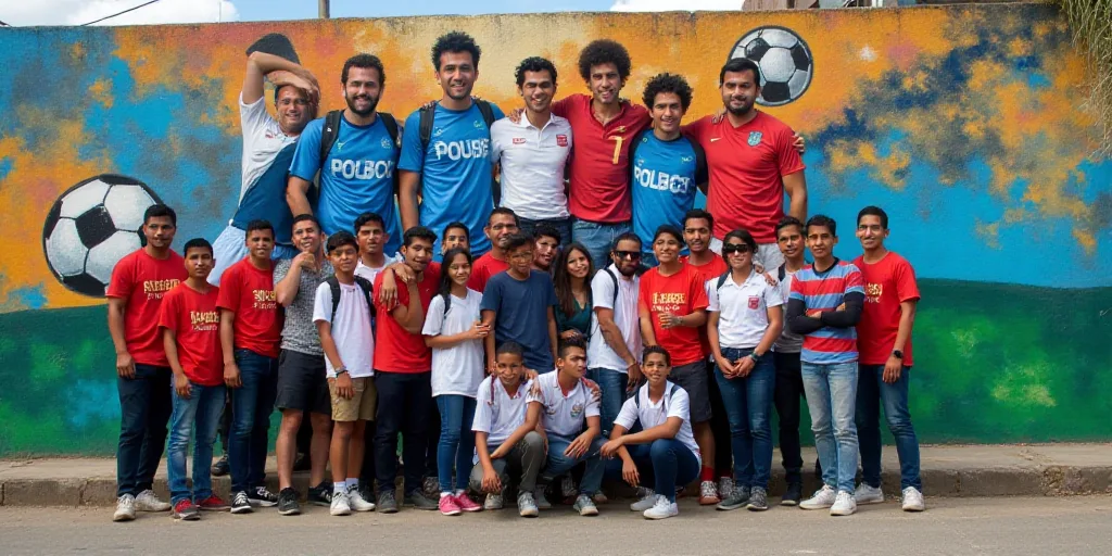 a group of people posing for a picture in front of a mural of a soccer team and a soccer ball, Feder