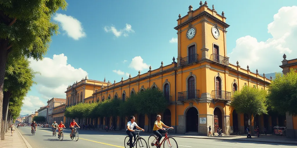 a group of people riding bikes down a street next to a tall building with a clock tower on top, Eddi