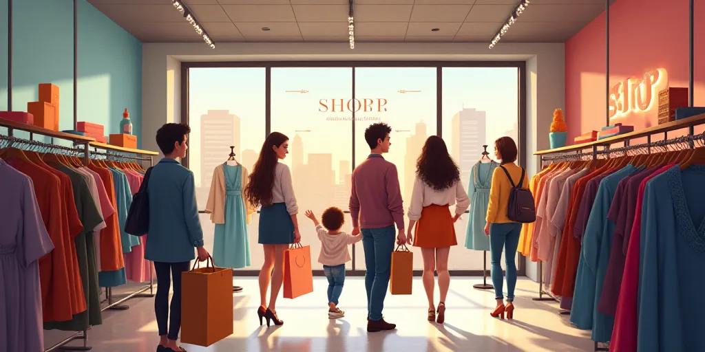 a group of people shopping in a store with clothes on display and a sign that says shop and shop, Ch