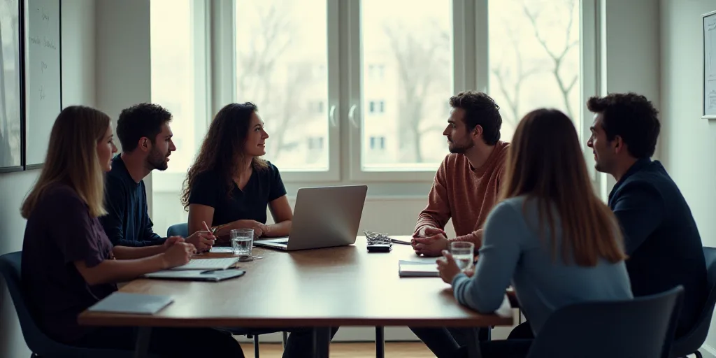 a group of people sitting around a table talking to each other in a meeting room with a laptop on th