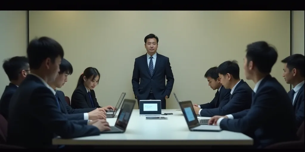 a group of people sitting around a table with laptops and tablets on it, with a man in a suit standi