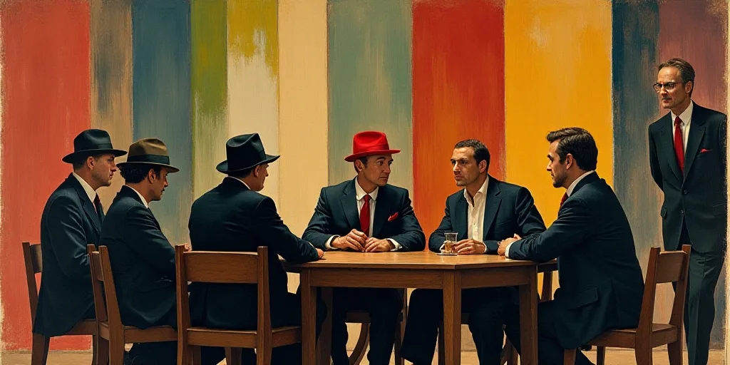 a group of people sitting around a table in a room with flags on the wall behind them and a man in a