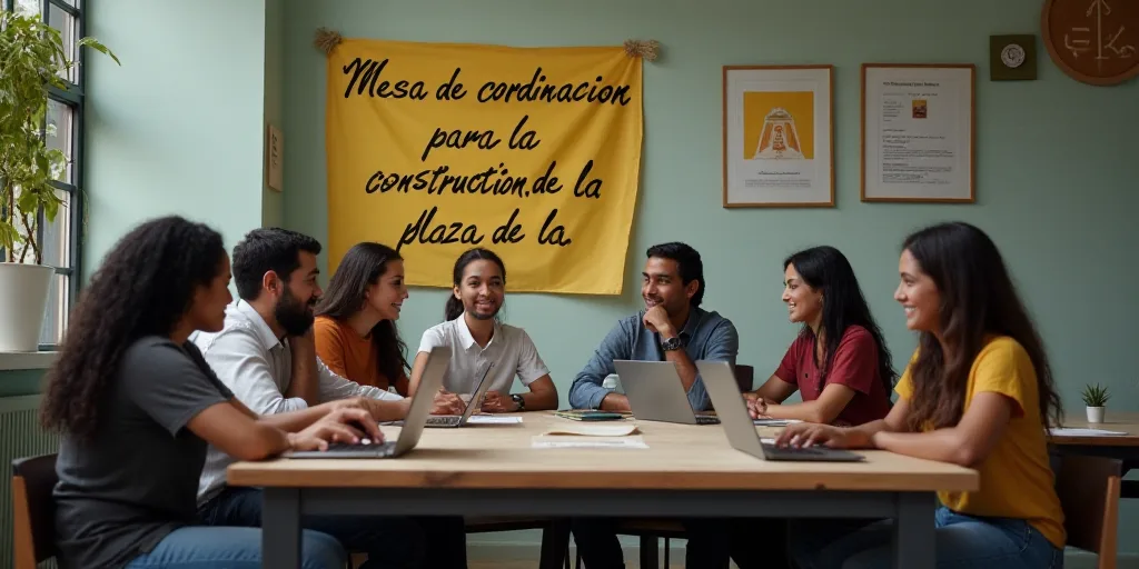 a group of people sitting around a table with laptops on it and a sign behind them that says mesa de