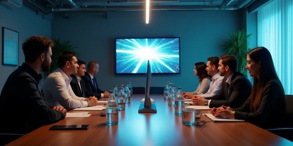 a group of people sitting around a conference table with a computer on it's center screen and a tele