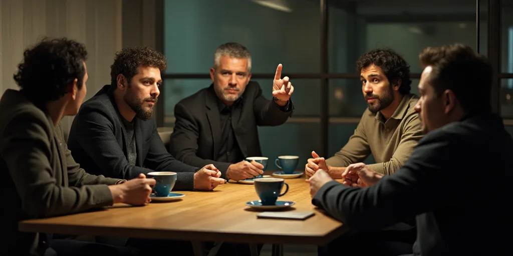 a group of people sitting at a table with cups of coffee in front of them and a man pointing at the