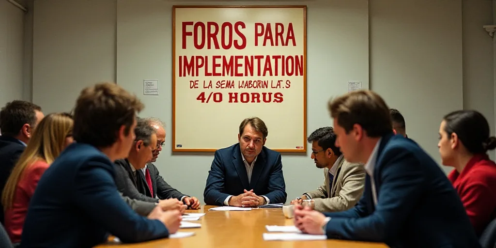 a group of people sitting at a table with a sign behind them that says foros para la impplementation