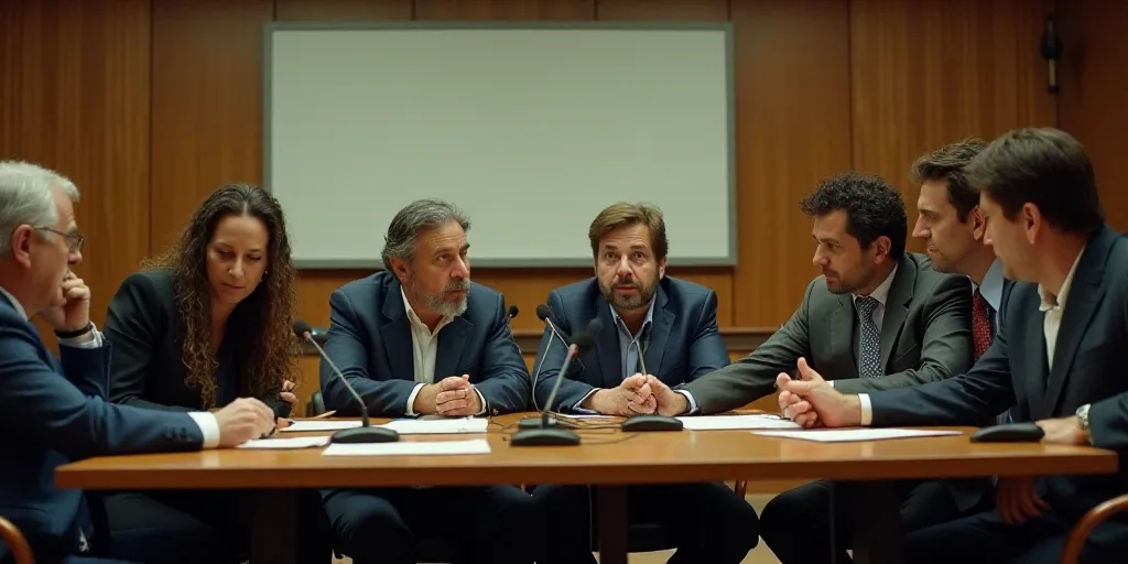 a group of people sitting at a table with microphones in front of them and a sign behind them, Enriq