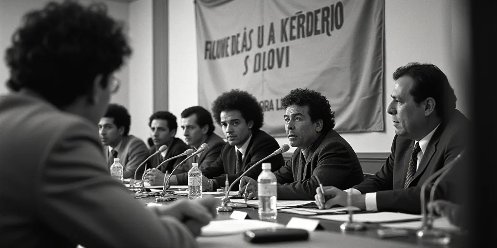 a group of people sitting at a table with microphones in front of them and a banner behind them, Dav
