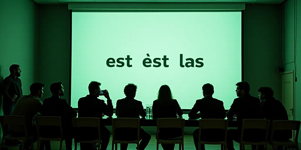a group of people sitting at a table in front of a screen with a large screen behind them that says