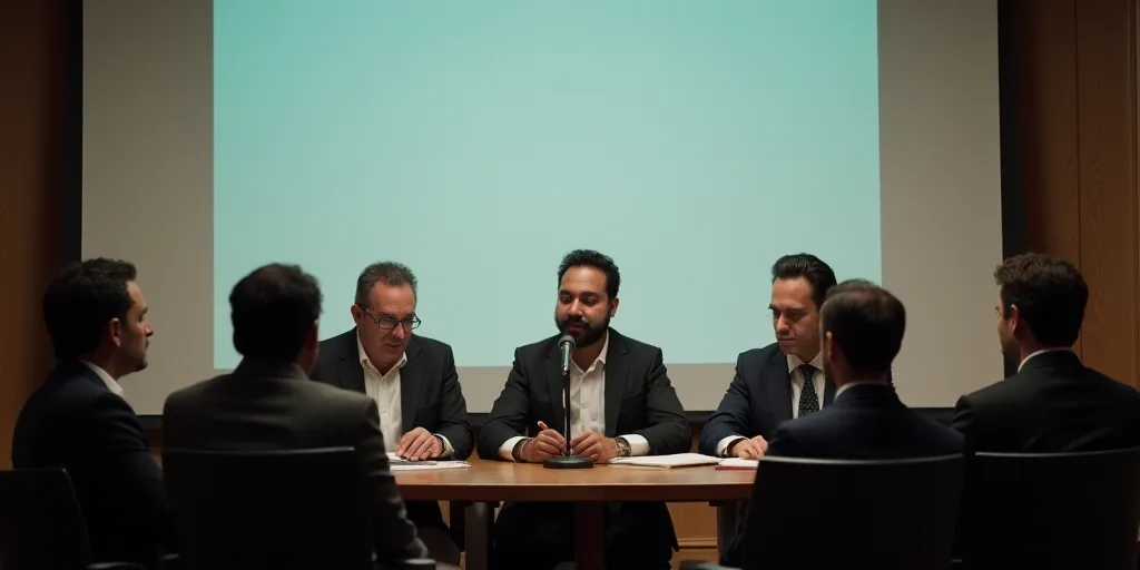 a group of people sitting at a table with a microphone in front of them and a screen behind them, En