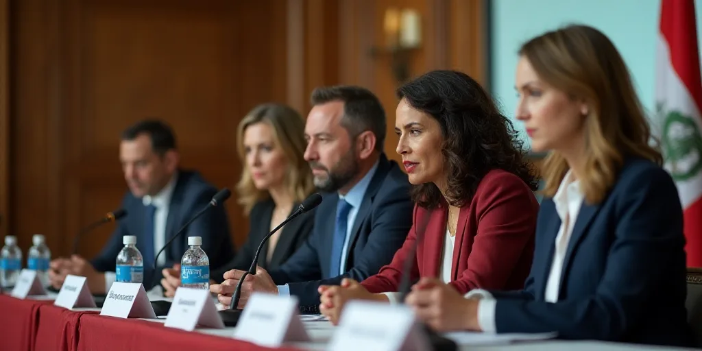 a group of people sitting at a table with microphones in front of them and a flag in the background,