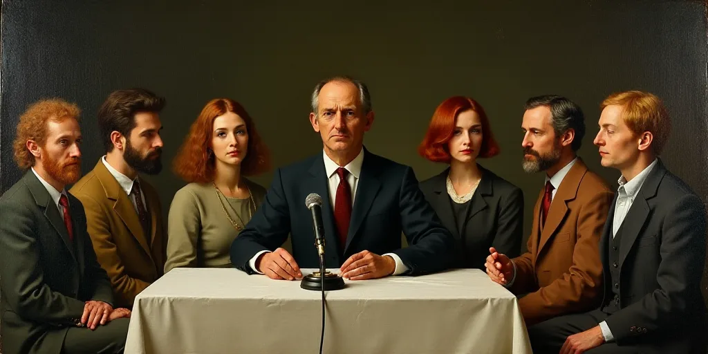a group of people sitting at a table with a man in a suit and tie on the table with a microphone, Ce