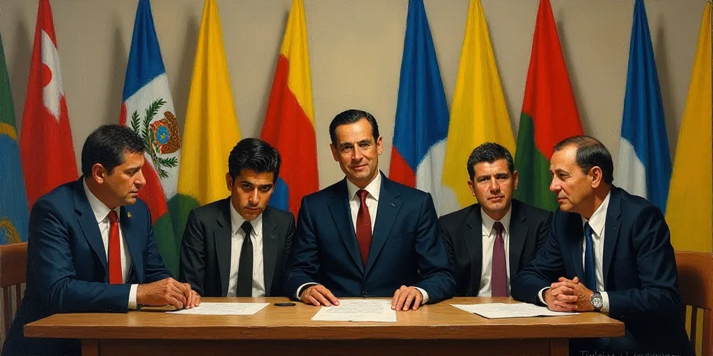 a group of people sitting at a table with flags behind them and a man in a suit and tie, Federico Ur