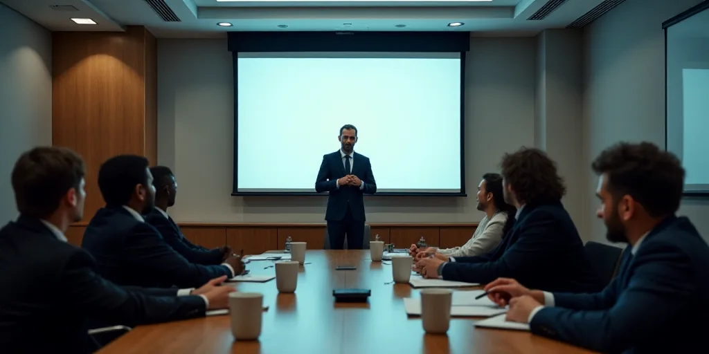 a group of people sitting at a table in a room with a large screen on the wall and a man standing in