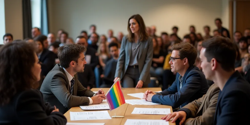 a group of people sitting at a table with papers and a rainbow flag on it in front of a crowd of peo