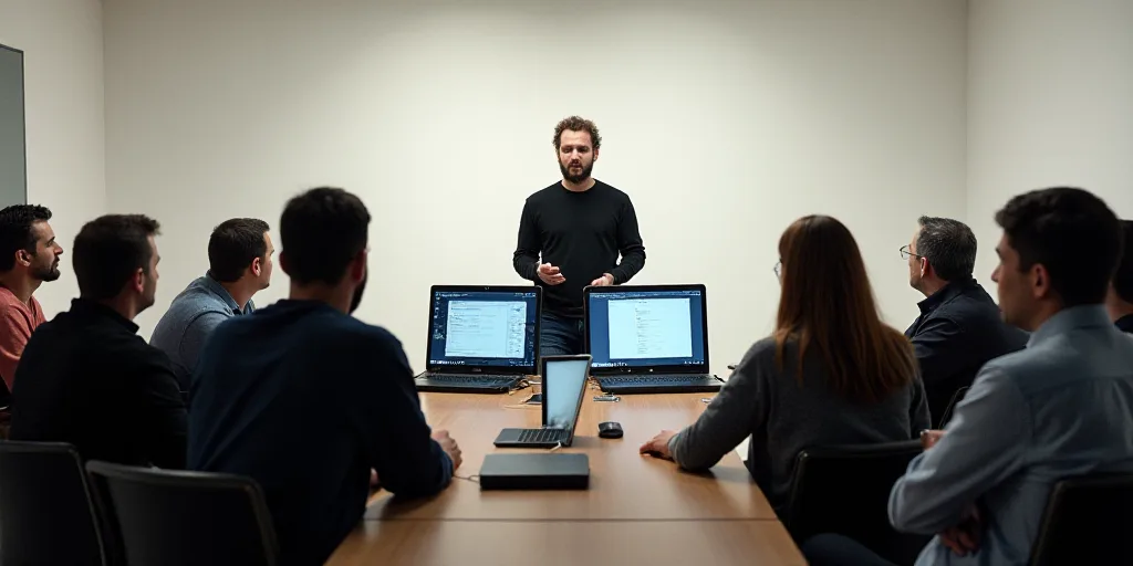 a group of people sitting at a table in a room with computers and laptops on it, with a man standing