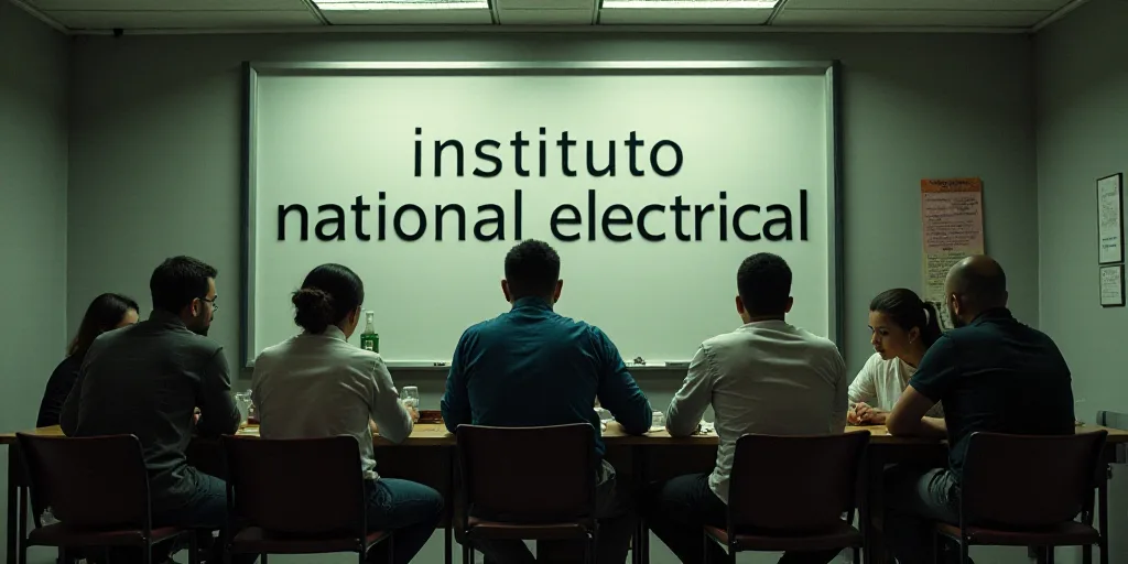 a group of people sitting at a table in front of a sign that reads instituto national electrical, Es