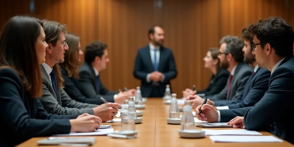 a group of people sitting at a long table with papers and pens in front of them and a speaker in the