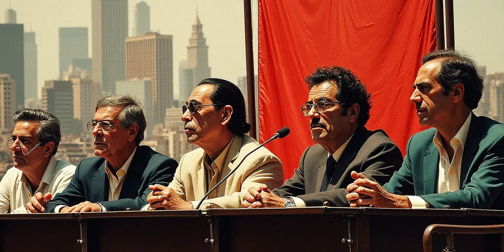 a group of people sitting at a table with a microphone in front of them and a banner behind them, Da