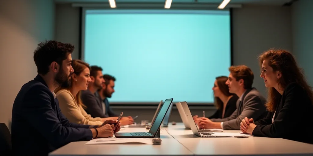 a group of people sitting at a table with laptops and papers on it, with a projector screen behind t