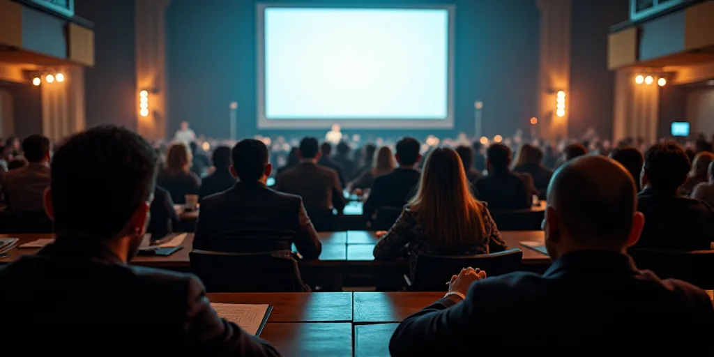 a group of people sitting at a table in front of a crowd of people in front of a screen, Carlos Fran
