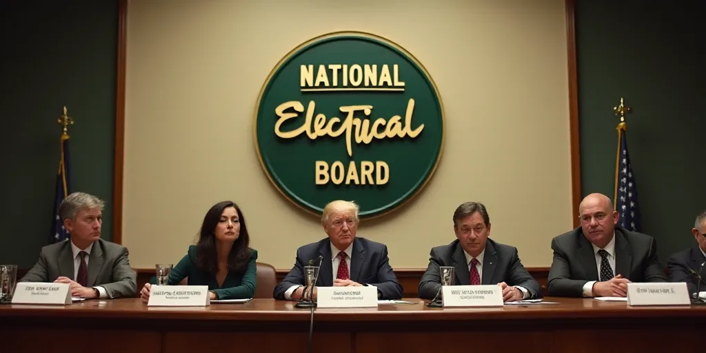 a group of people sitting at a table in front of a national electrical board sign and a microphone i