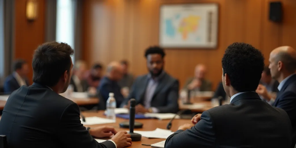 a group of people sitting at tables in a room with a microphone in front of them and a speaker in th