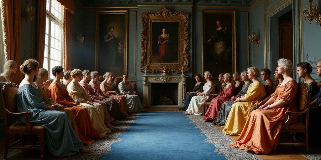 a group of people sitting in a room with a blue carpet and a blue floor with a blue rug, Anne Rigney