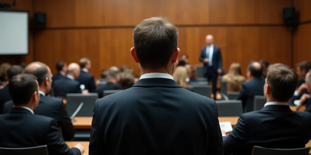 a group of people sitting in a room with chairs and a microphone in front of them and a man standing