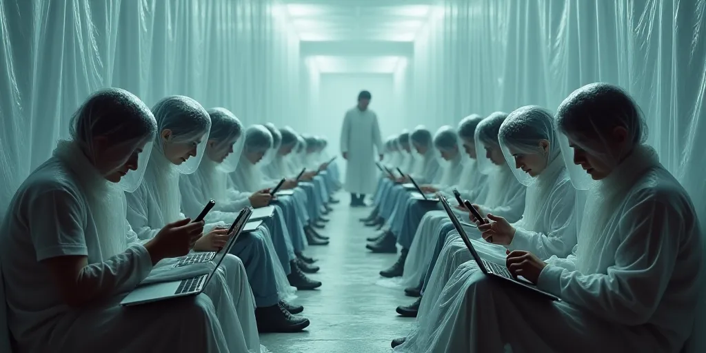 a group of people sitting in a room covered in plastic wrap and looking at their phones and laptops,
