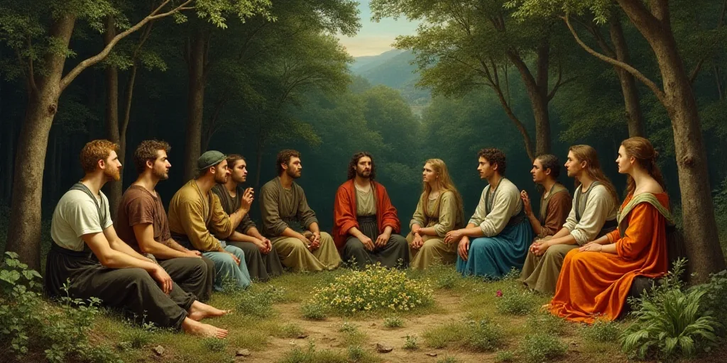 a group of people sitting in a forest with plants growing in the ground and trees in the background,