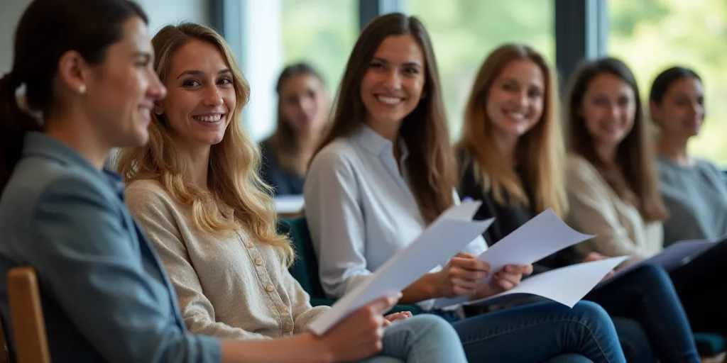 a group of people sitting in chairs holding papers in their hands and looking at the camera with a s