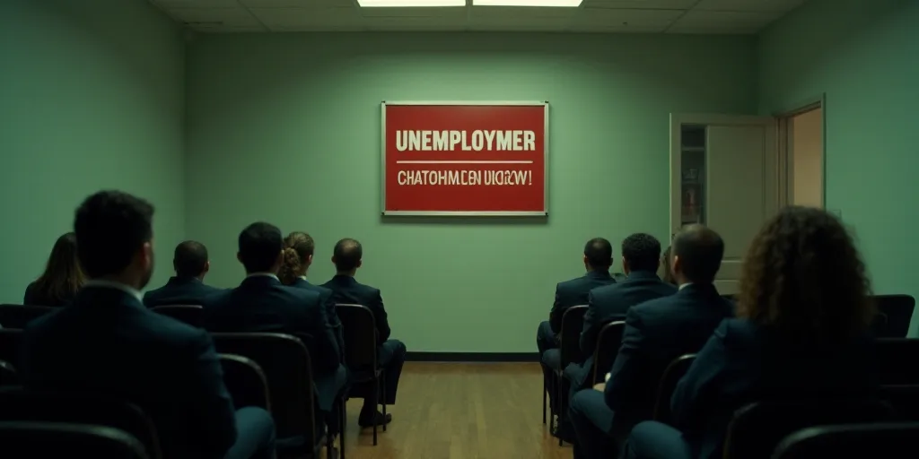 a group of people sitting in chairs in a room with a sign on the wall that says unemploymer courtley