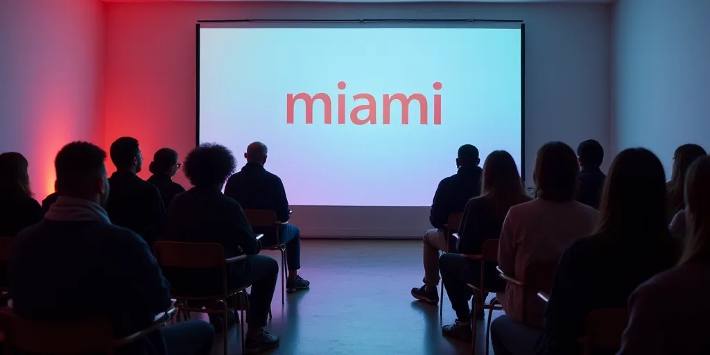 a group of people sitting in chairs in a room with a wall behind them and a sign that says miami, Af
