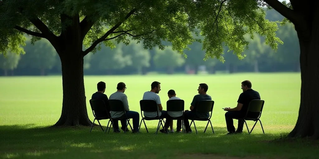 a group of people sitting in chairs in a park under a tree with a green field behind them and a tree