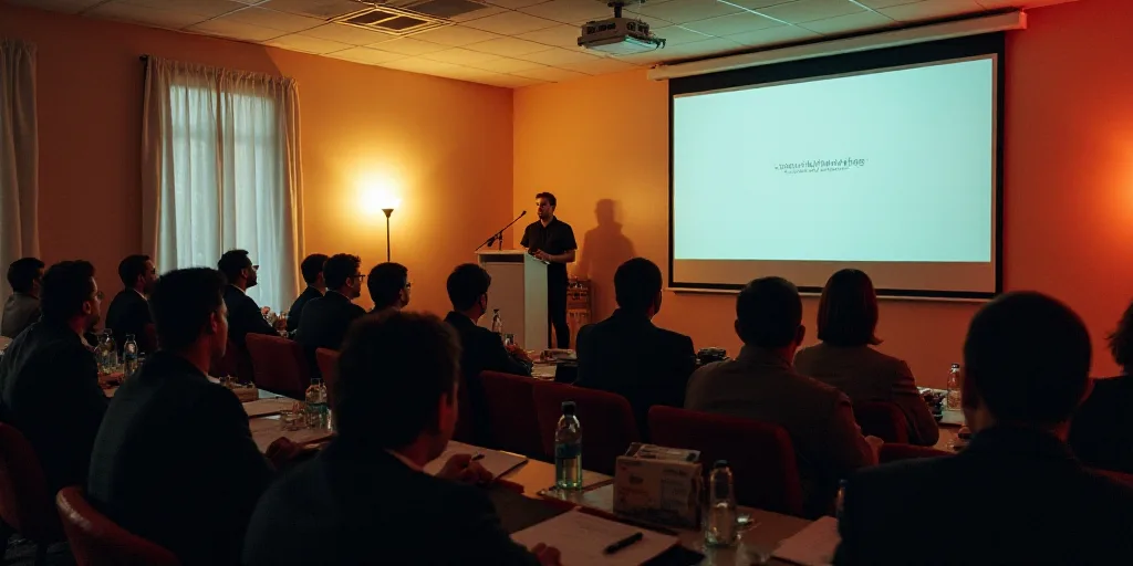 a group of people sitting in front of a podium in a room with a projector screen on the wall, Carlos
